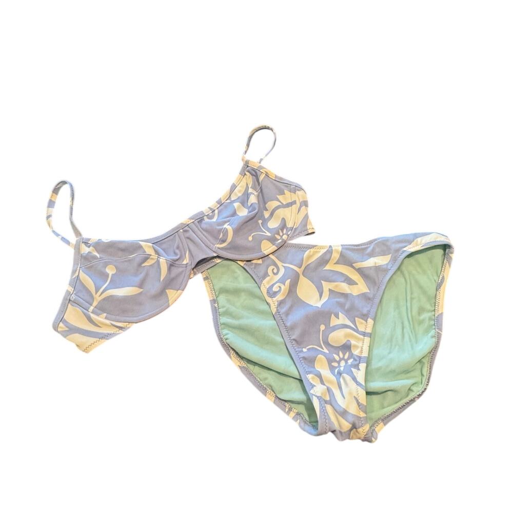 J.Crew Blue White Tropical Floral Print Made in USA 2 Piece Swimsuit Bikini 14 L